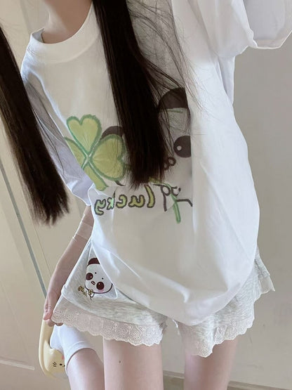 Trim with Shorts Print White Panda Lace