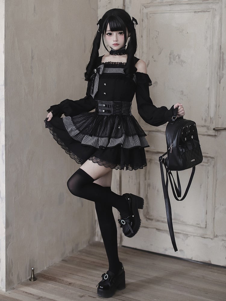 High-Waist / Kei Black Skirt Sweet Jirai Dark Striped Tiered Top Off-Shoulder