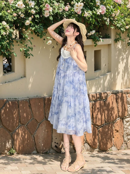 Halter Neck Tie Patches Blue Chiffon Dress Slip Beaded Loose Dye Lace Chain