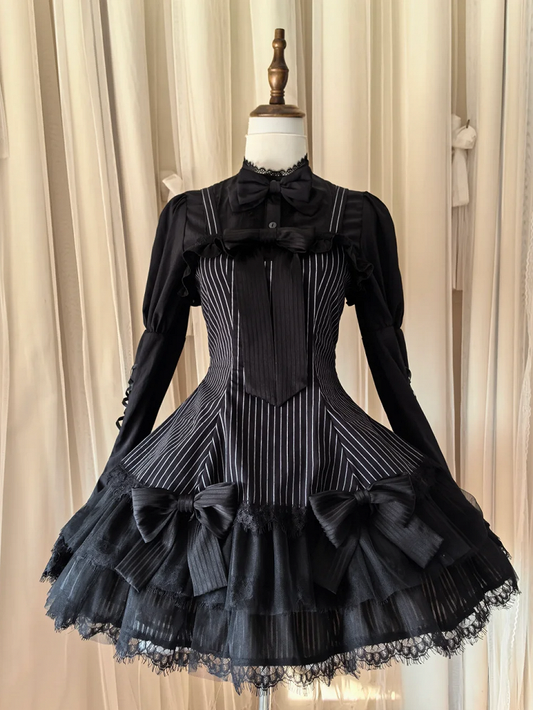 Black Striped Bows Decorated Double Layered Hemline Gothic Lolita Jumper Skirt