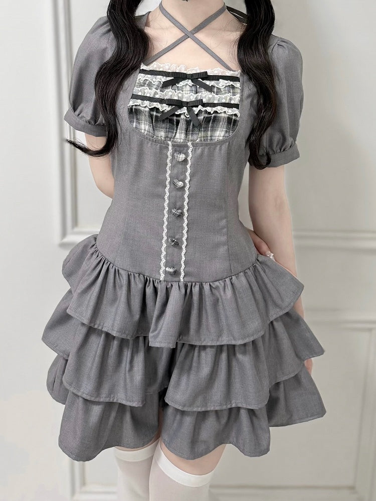 Jirai-Kei Gray Square Neck Halter Short Sleeve Gown with 3-Tier Ruffled Skirt - nekura