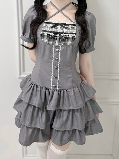 Jirai-Kei Gray Square Neck Halter Short Sleeve Gown with 3-Tier Ruffled Skirt - nekura