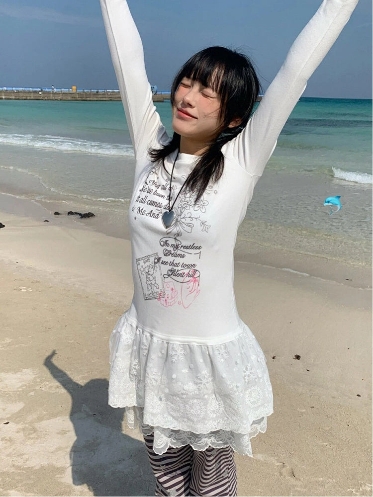 Lace Tiered Hugging Top Print Gray Bear White / with