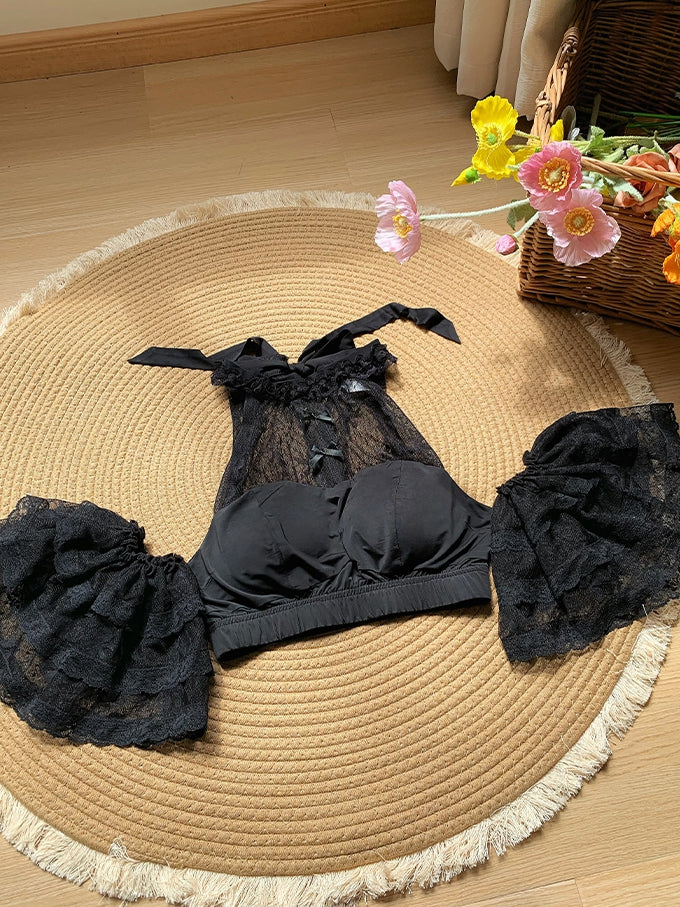 袖取り外し可能ホルターネックフリル付きレーストップス（ブラック）クロップド丈