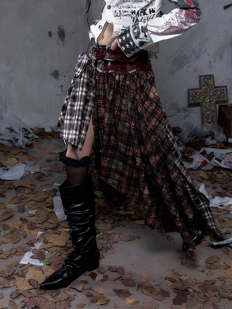 Asymmetrical Knotted Dual Triangular Hemline with Waistband Plaid Front Ties Dark Red PU Vintage Punk Skirt Rock
