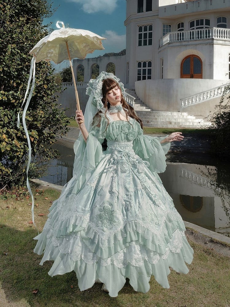 Green Accents Hanayome Ruffles Long Rose Version Layered Dress Light Lolita JSK with Flowing