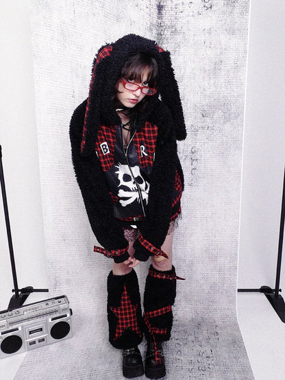 Ear Plaid Panel Adjustable Black Straps Cuff with Bunny Coat Red