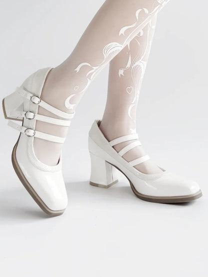 Toe with Buckles Snakeskin PU Shoes White Gothic Pattern 3 Square