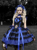 Gothic Lolita JSK Dress with Cross & Spider Details, Layer Lace Trim & Bowknots in Black & Blue - Dream Flower Box
