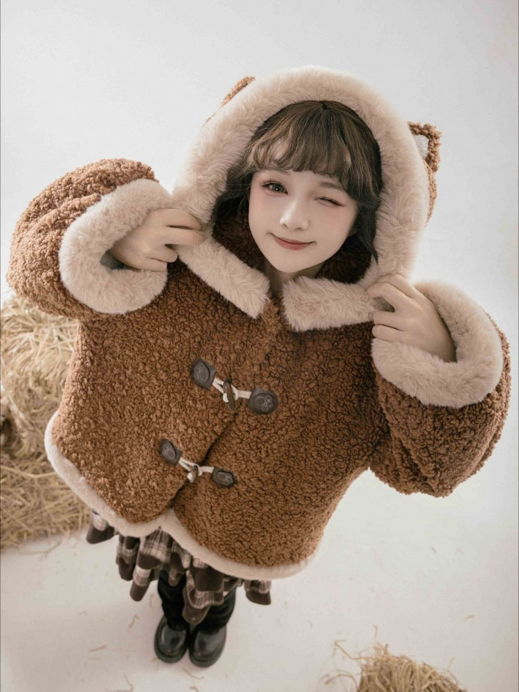 ブラウンフリース レッサーパンダの耳付きフード付き冬用コート