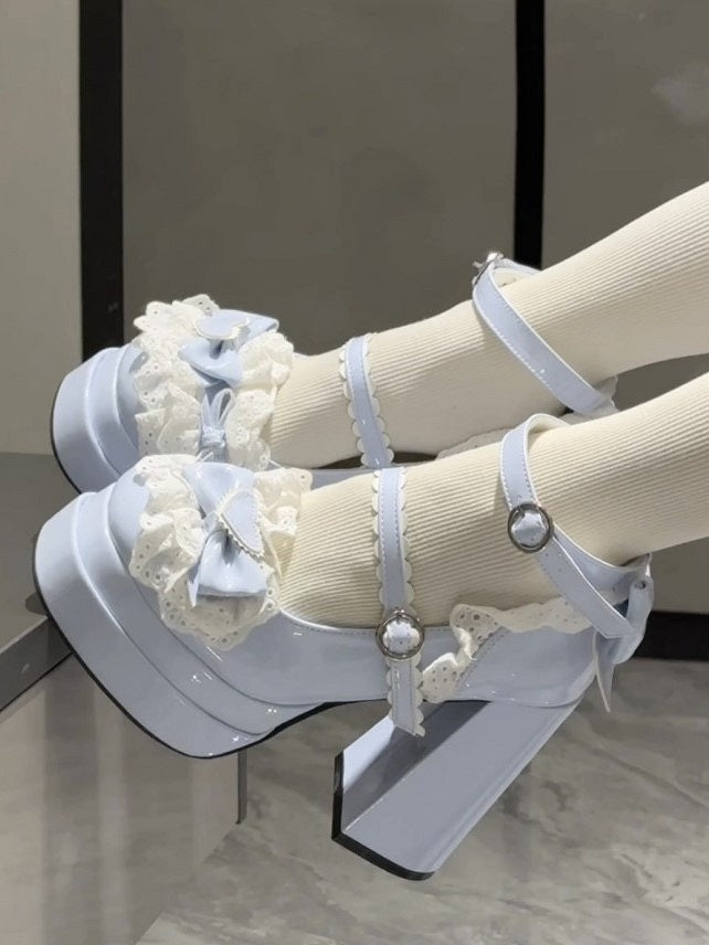 Light Sweet PU Heels Lolita Circle High Buckle with Blue
