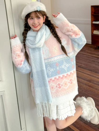 ピンクのかわいいウサギ柄ラウンドネックソフトセーター