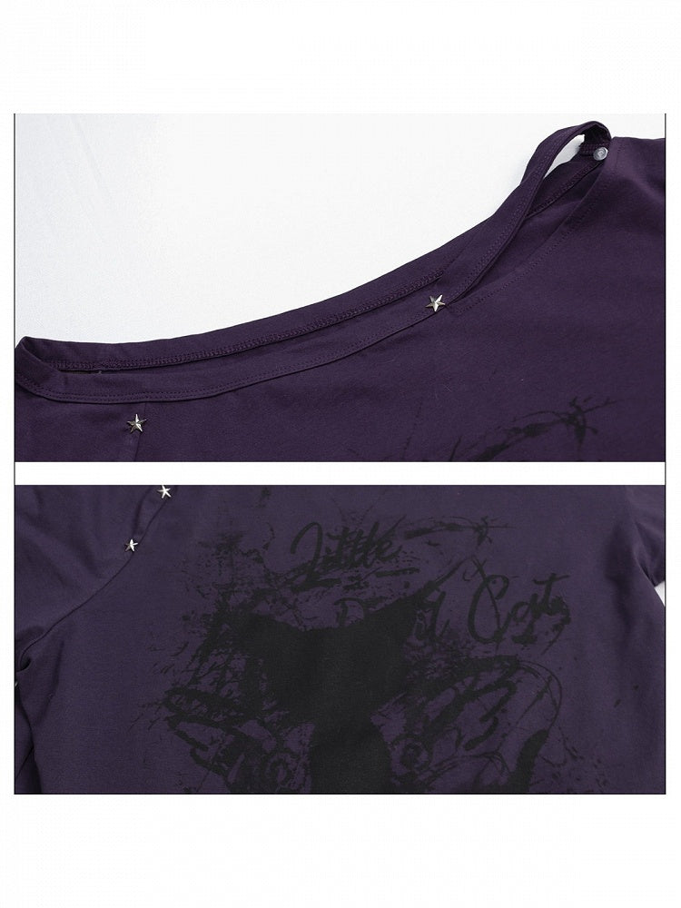 Black Purple Asymmetrical Faux Two Piece Cat Print Top - Girlyhalo