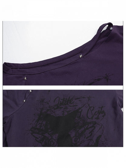 Black Purple Asymmetrical Faux Two Piece Cat Print Top - Girlyhalo