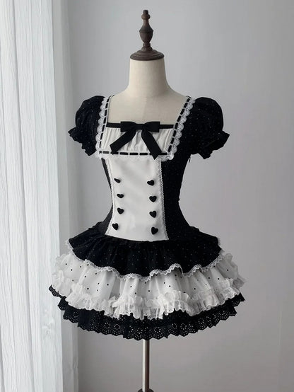Retro Jirai Kei Black and White Polka Dot Square Neck Puff Sleeve Dress with Lace and Ruffles - Ekomi