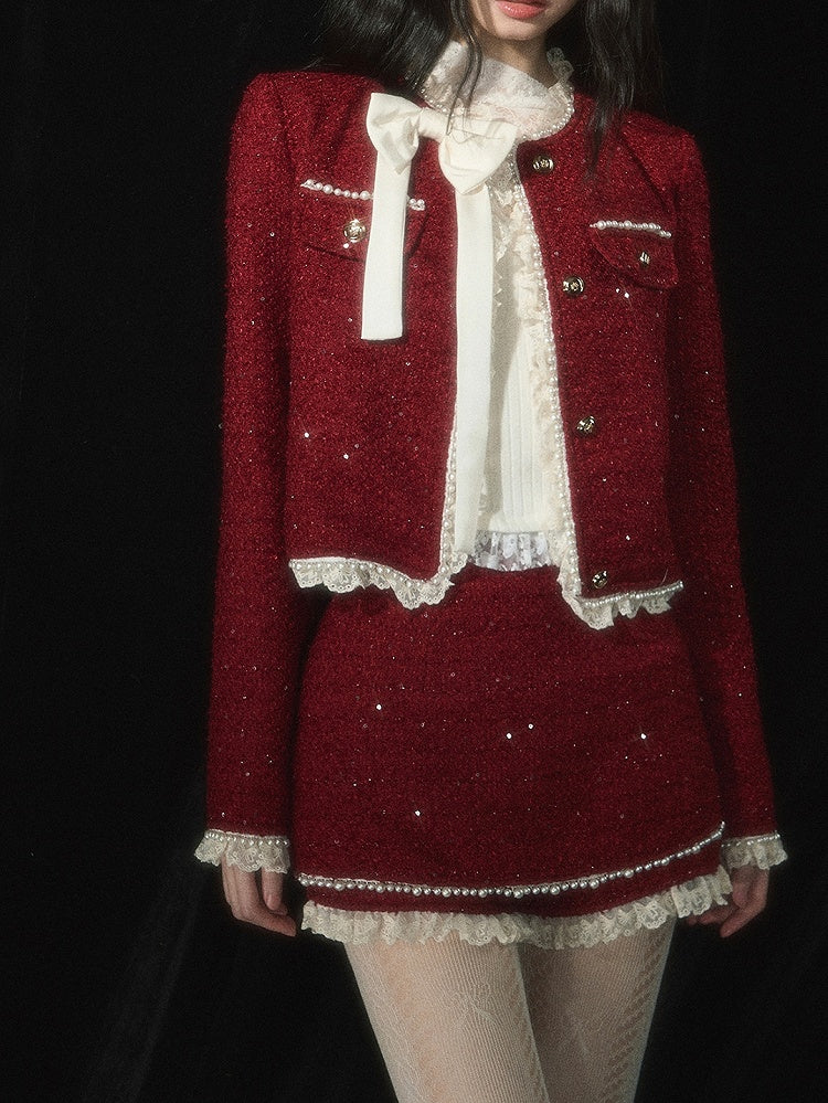 Weihnachtsroter Tweed-Skort, Spitzenbesatz an den Bündchen, Perlendetails