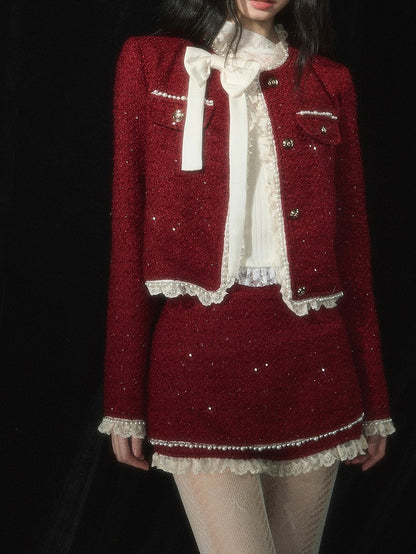 Weihnachtsroter Tweed-Skort, Spitzenbesatz an den Bündchen, Perlendetails