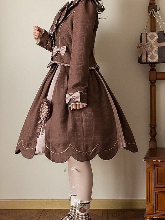 Skirt Sweet Scalloped Chocolate Lolita Brown Pleating Details with Edge Trim