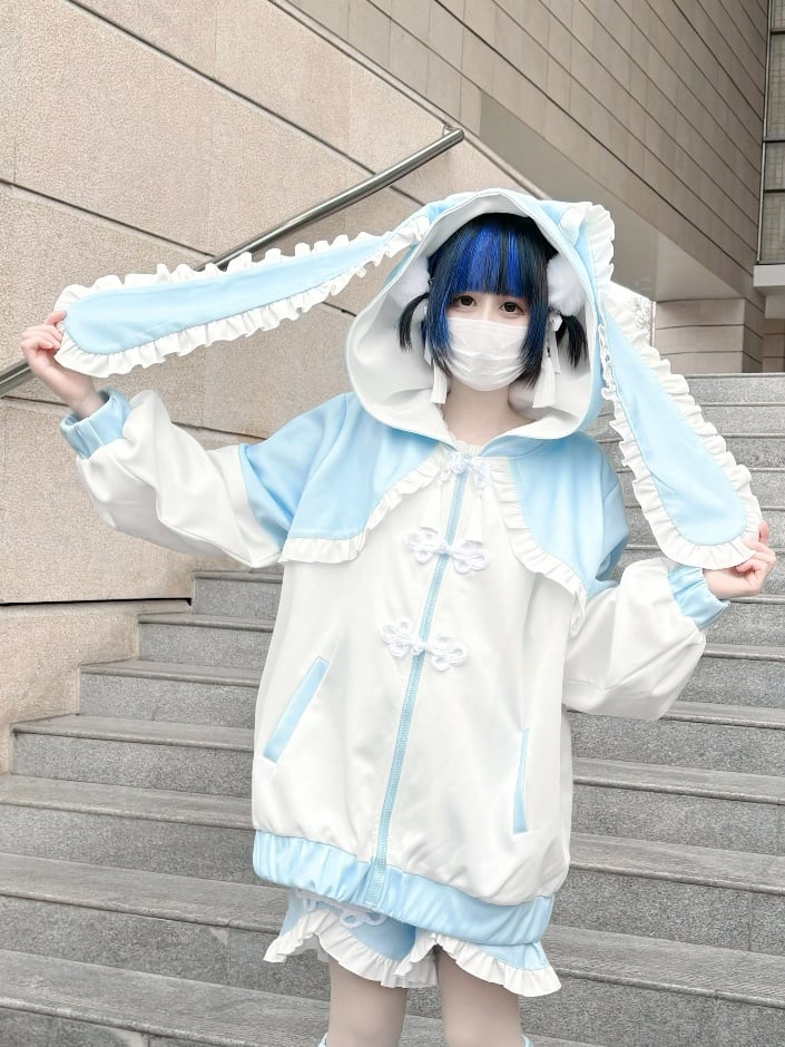 天使怪わいジライケイ ブルーうさ耳フード ジップ クロージャー パーカー