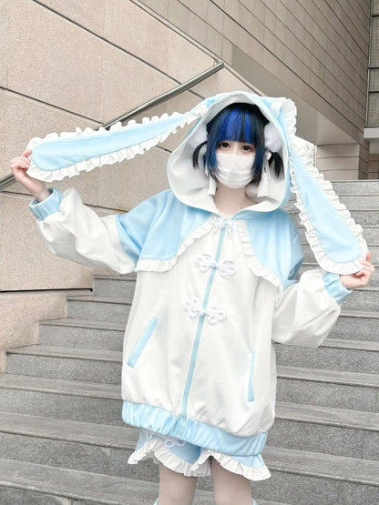 天使怪わいジライケイ ブルーうさ耳フード ジップ クロージャー パーカー
