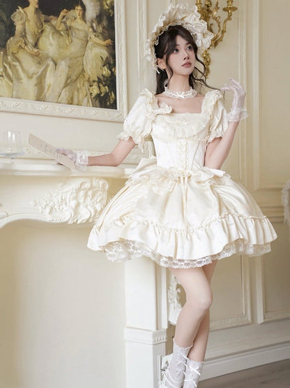 Dress Beige and Sleeves Lolita Elegant Puff Short Neckline Classic Square
