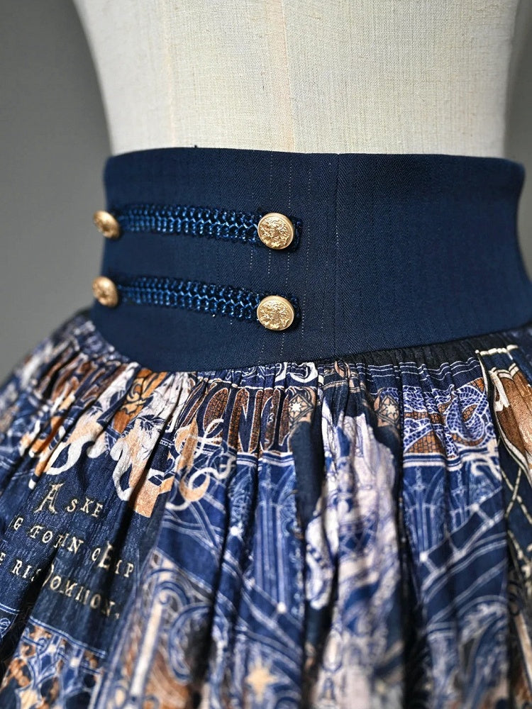 Dark Blue Corset Belt Waist Chess Print Lolita Skirt