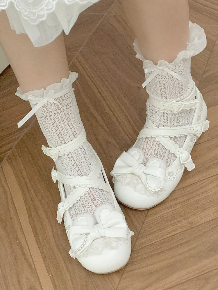 White Low-Heel Mary Janes with Crisscross Straps by Sheep Puff