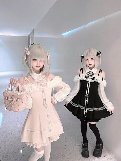 Monochrome Jirai-Kei Two-Piece Ensemble - Off-Shoulder Lace Long Sleeve Gown + Coordinating Shorts - Puppet Bombs