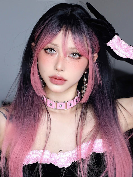 Straight Pink Wig Bangs Black Ombre Air with and 68CM