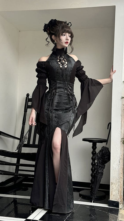 Black Open Shoulders Gothic Lolita Snakeskin Grain Top