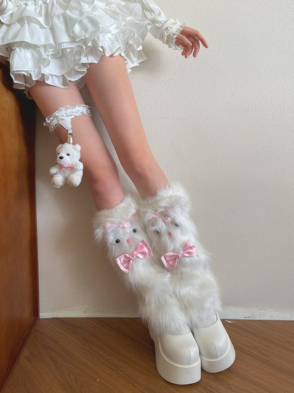 Pink Warmerswith Leg Decoration Kitty Bow Plush White