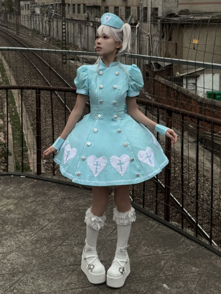 Kleid Herz Lolita Patches Puff Krankenschwester Blau Kreuz Ärmel Weiß