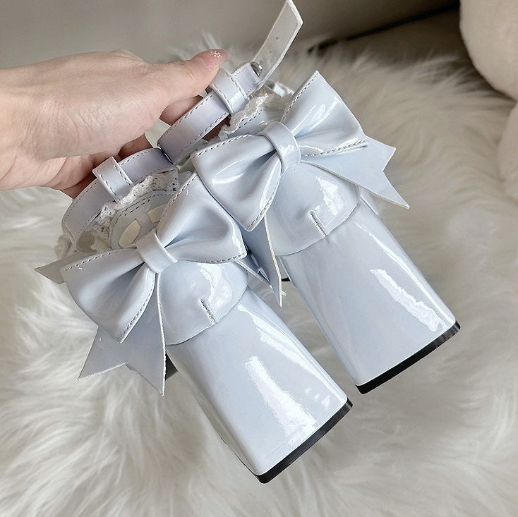 Light Bow Elegant with Blue Mary Lolita Scalloped PU Details Janes Hem