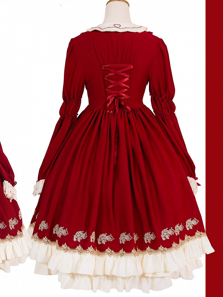 with Long-sleeved and Sweet Hem Red Apron Ruffle Beige Strawberry Embroidered Lolita Dress
