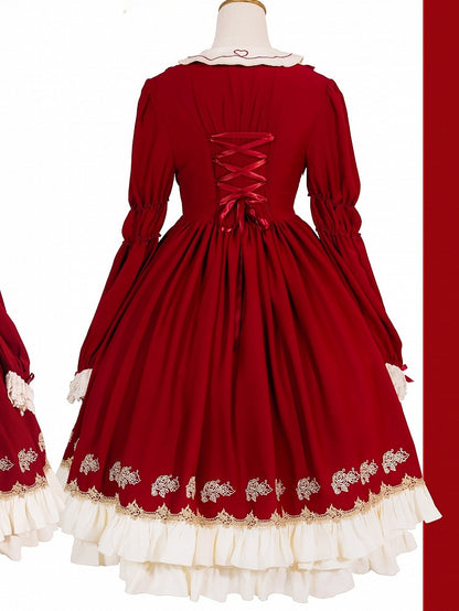 with Long-sleeved and Sweet Hem Red Apron Ruffle Beige Strawberry Embroidered Lolita Dress