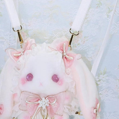 Plush with Sweet Convertible Pink Bag Decorated Accents Strap Bunny Bowknot Flower White