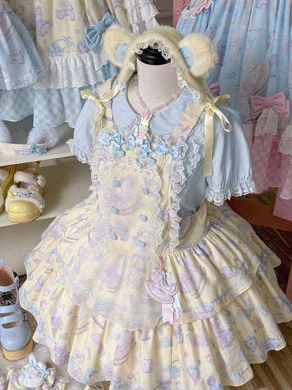 Charming Yellow Overall Gown with Bow Detail and Removable Apron Set - Vcastle