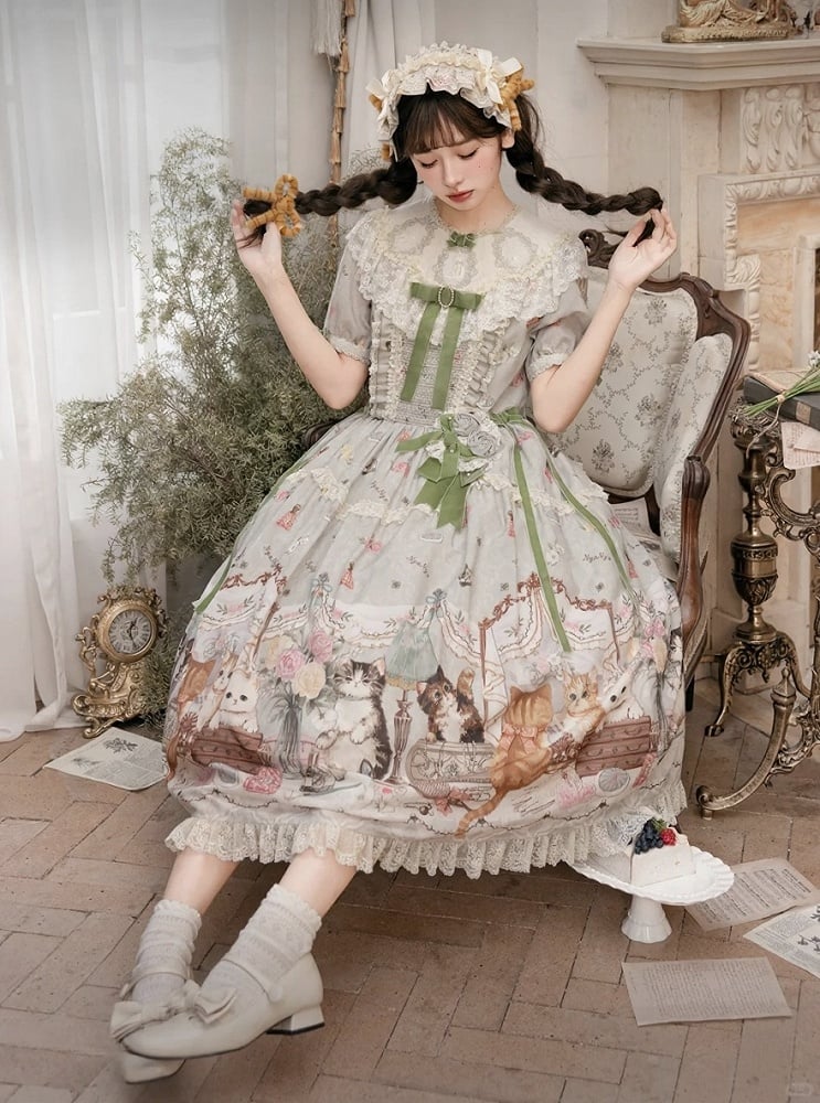 Green Cat Print Round Neck Sweet Lolita Dress with Lace Trim - NyaNya