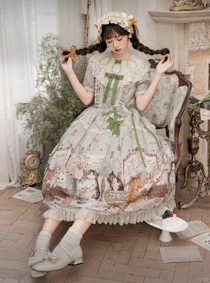 Green Cat Print Round Neck Sweet Lolita Dress with Lace Trim - NyaNya