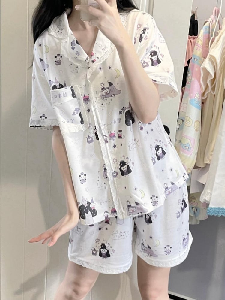 Weißes Pyjama-Set mit Cartoon-Motiv und Spitzenbesatz