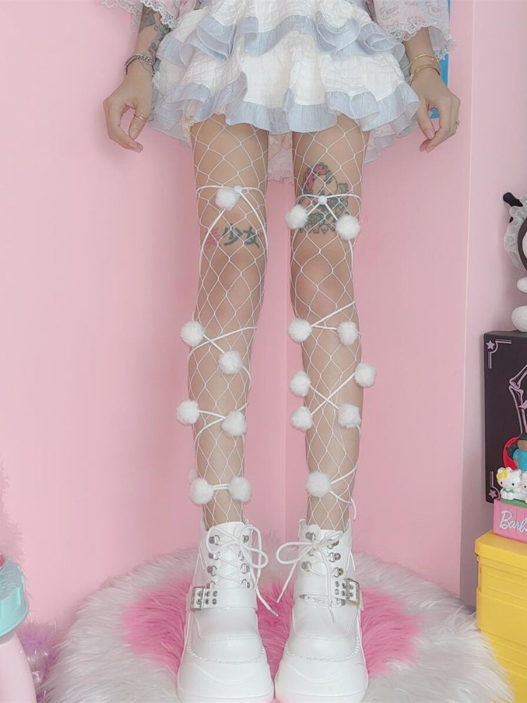 Ivory Pompon Sweet Lolita Leg Wraps - Peach Captain