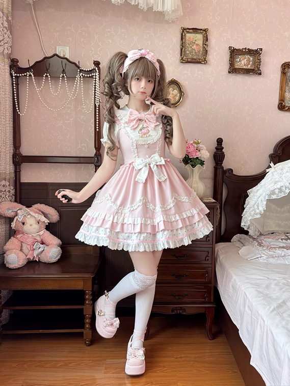 Erdbeerstickerei Rosa gewellter Rand JSK Leichtes süßes Lolita-Kleid