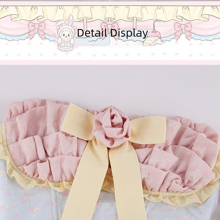 Blue and Pink Floral Strapless Dress with Bow - serendipity
