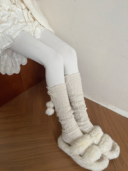 Decoration Creamy Sockswith Knitted Cutout Calf Design Pom-pom White/Brown/Black