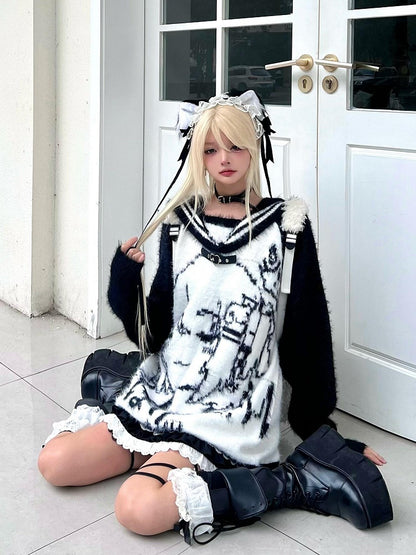 Plush Oversized with Girl Sweater Design Collar - Black/Blue/Pink Fit Cartoon Sailor