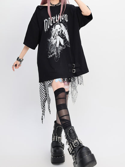 Y2K ブラック スナップディテール ネックライン アニメプリント ガール ルーズTシャツ