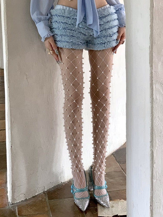 with Decoration Fishnet Bead Tights Black/Pink/White