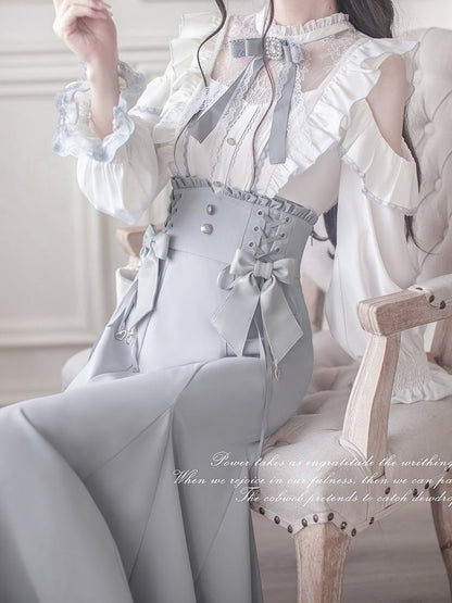 Kei Illusion Blouse Jirai Long Lace Cutout - Blue Shoulder White Sleeve Trim Top Neckline