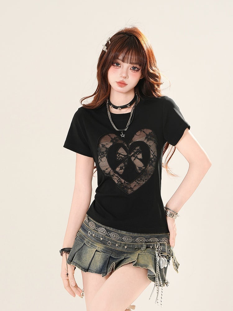 ハートカットアウトレース ブラック/ホワイトパッチ ラウンドネック Tシャツ