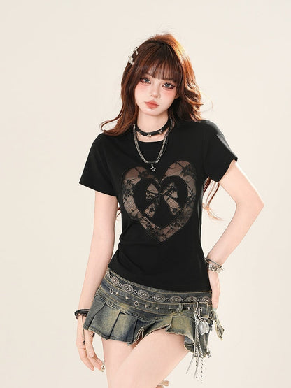 ハートカットアウトレース ブラック/ホワイトパッチ ラウンドネック Tシャツ